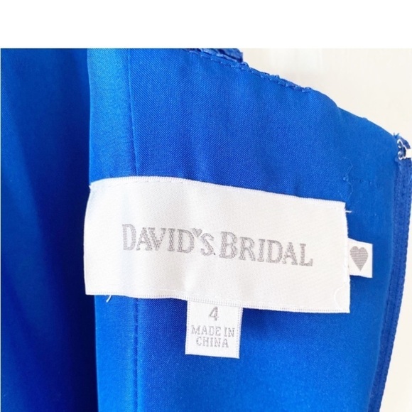 DAVID’S BRIDAL Floral Lace Ruched Dress Horizon Blue Bridesmaid Cocktail - Picture 6 of 11